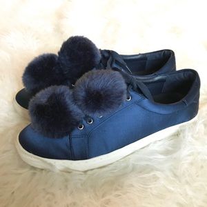 J/Slides NYC navy blue satin Pom Pom tennis‎ shoes